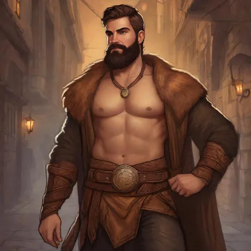 Prompt: (Fullbody) male adult druid manly face, brown short-hair short-bearded, no armor no shirt very hairy chest, heavy belt, brown boots, pathfinder, dungeons and dragons, dark street at night, in a painted style, realistic