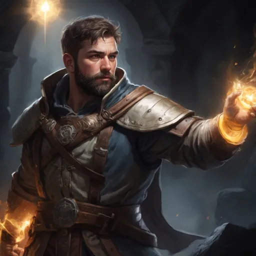 Prompt: Male stocky large cleric with short-cut hair and beard, engaged in combat casting a holy light spell inside of a dark dungeon, pathfinder, d&d setting, in a realistic high quality digital art style, enhanced shadow quality, colorful