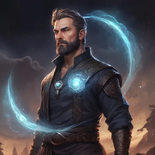Prompt: (Full body) male stocky mature muscular cleric with short-cut hair and a beard, casting a swirly astral-spell, in nature at night pathfinder, d&d setting, in a realistic digital art style