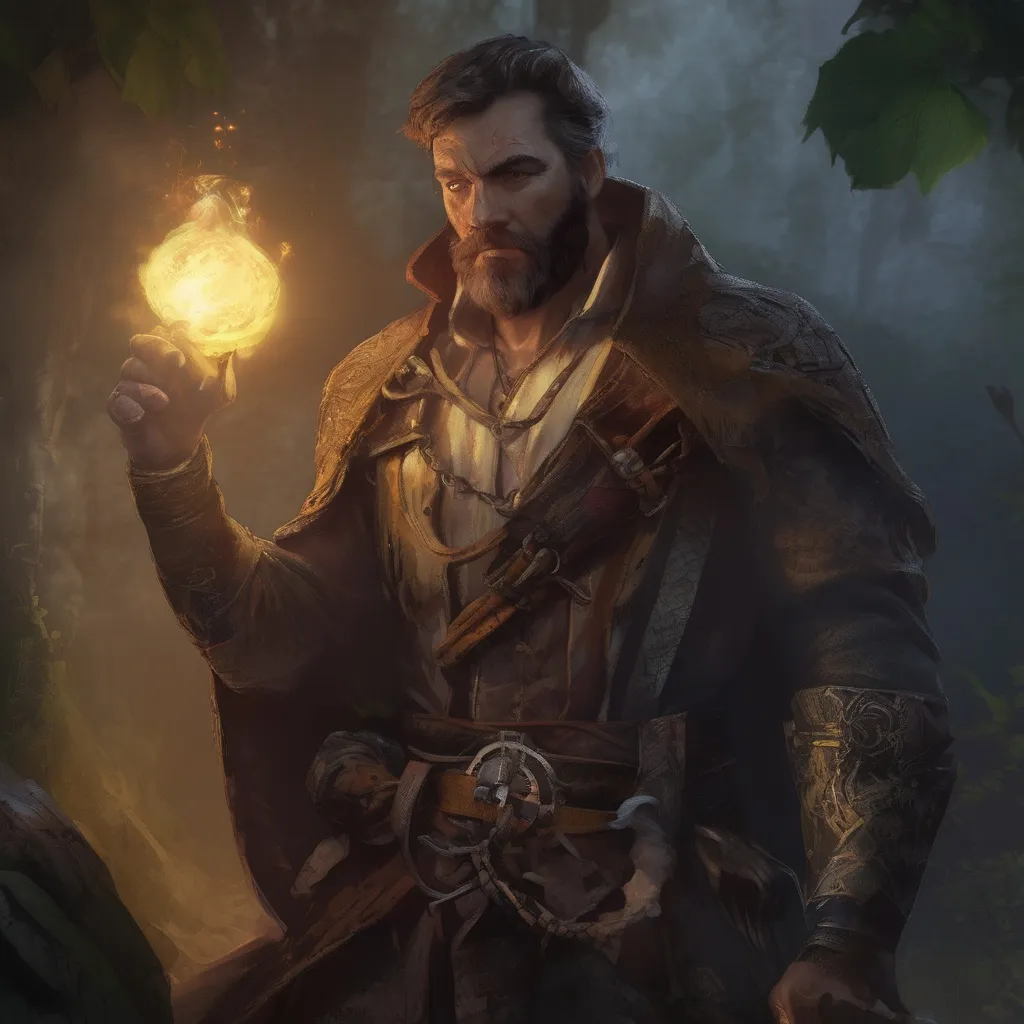 Prompt: (Full body) male handsome large muscular magical pirate-oracle with short hair and beard, outside of a cave by a forest at night, pathfinder, d&d setting, in a realistic high quality digital art style