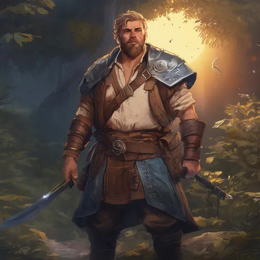 Prompt: (Full body) male stocky big-chested Noble raider with blonde short hair and beard, in nature at night, pathfinder, d&d setting, in a realistic digital art style