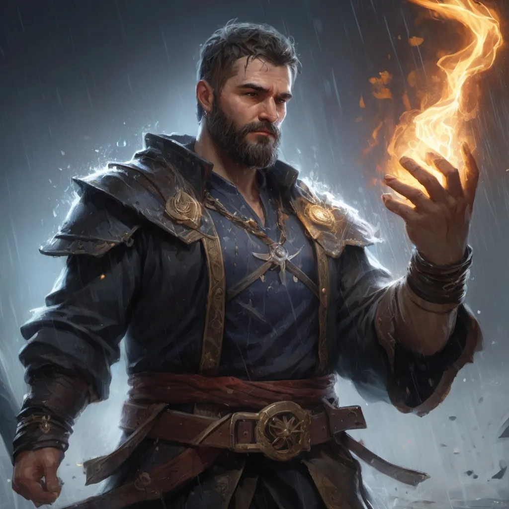 Prompt: Male stocky heavy-set large fit cleric with short-cut hair and beard,open shirt, casting a healing-spell out of hands, on a battlefield in the rain, pathfinder, d&d setting, in a realistic high quality digital art style, enhanced shadow quality