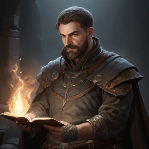 Prompt: (head and torso) Male stocky large mature alchemist with short-cut brown hair and beard, engaged in combat casting a light spell inside of a dark dungeon, pathfinder, d&d setting, in a realistic high quality digital art style, enhanced shadow quality