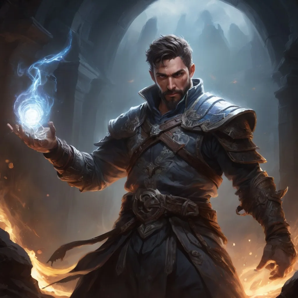 Prompt: Male stocky large muscular battle-mage with short-cut hair and beard, engaged in combat casting a white-light spell inside of a dark dungeon, pathfinder, d&d setting, realistic, enhanced shadow quality, colorful