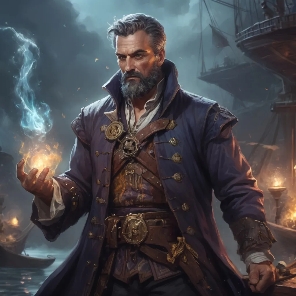 Prompt: male stocky mature heavy-built large pirate magus with short hair and beard, wearing magic coat, casting a water spell, on a ship by land at night, pathfinder, d&d setting, in a realistic high quality digital art style