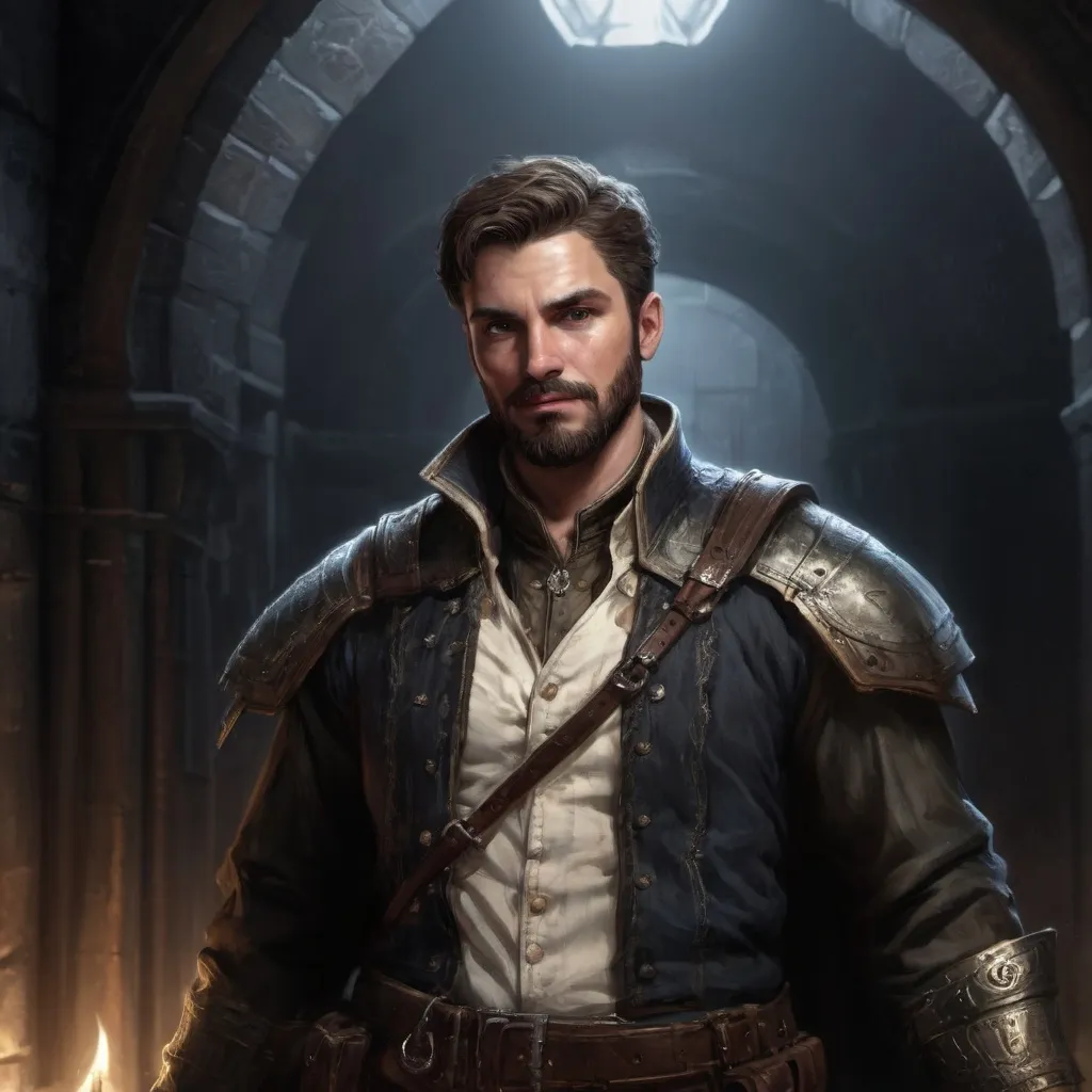 Prompt: Male stocky large royal spy with short-cut hair and beard, exploring a dark trasure room, pathfinder, d&d setting, realistic, enhanced shadow quality
