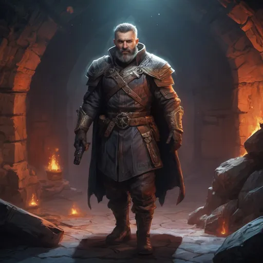 Prompt: Male stocky large mature russian fighter with short-cut hair and beard, exploring a dark astral dungeon, pathfinder, d&d setting, in a realistic high quality digital art style, enhanced shadow quality, colorful
