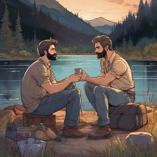 Prompt: (Full body) A Handsome hairy man, no shirt, manly, short hair, short beard, kissing an older man at a campsite by a lake, salt and pepper hair, woods, night time, in a painted style