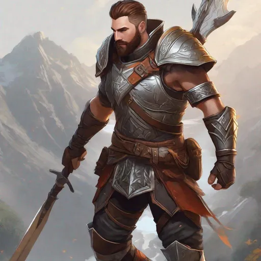 Prompt: A male warrior with short hair and beard, boots, pathfinder, in a detailed realistic digital art style