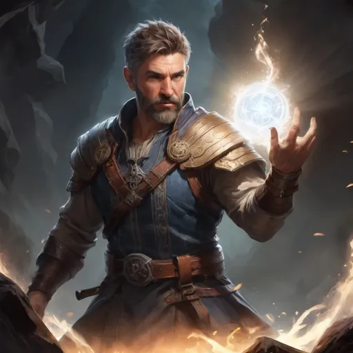 Prompt: Male stocky large mature fit battle-mage with short-cut hair and beard, engaged in combat casting a light-spell  nature, pathfinder, d&d setting, realistic, enhanced shadow quality
