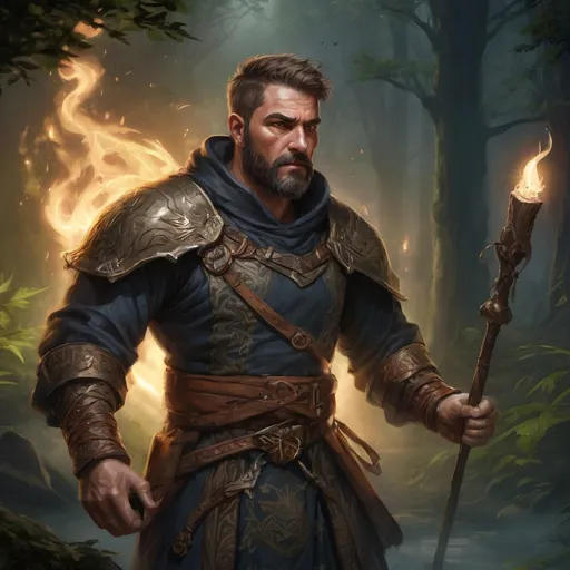 Prompt: Male stocky heavy-set mature fantasy-druid with short-cut hair and beard, nature-clothes, casting a spell in combat outside of fantasy forest at night, pathfinder, d&d setting, in a realistic high quality digital art style, enhanced shadow quality