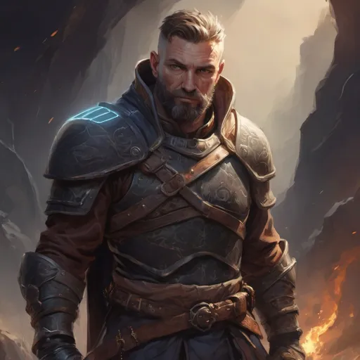 Prompt: Male stocky large mature warrior with short-cut hair and beard, exploring a dark astral dimention, pathfinder, d&d setting, in a realistic high quality digital art style, enhanced shadow quality, colorful