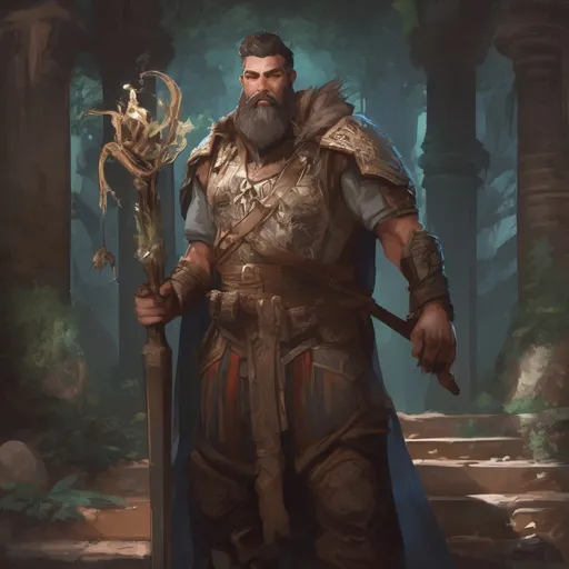 Prompt: (Full body) male stocky druid with short-cut hair and beard, holding magical tree staff, in a dark temple dungeon, no shirt on, leaf-shoulderguards, cloak, heavy belt, pathfinder, d&d setting, in a realistic digital art style