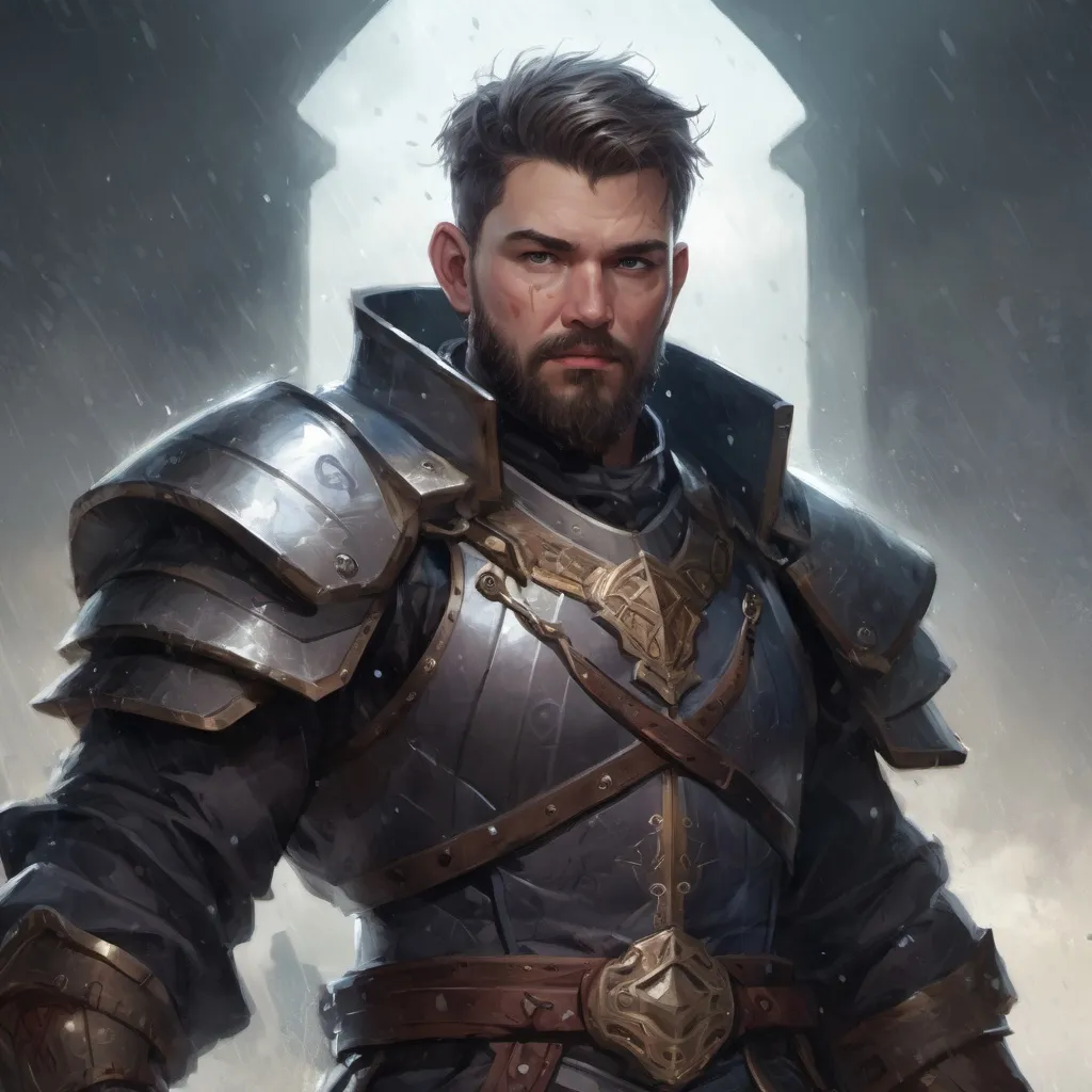 Prompt: Male stocky heavy-set large armoured cleric with short-cut hair and beard, casting a magical spell out of hands, on a battlefield in the rain, pathfinder, d&d setting, in a realistic high quality digital art style, enhanced shadow quality