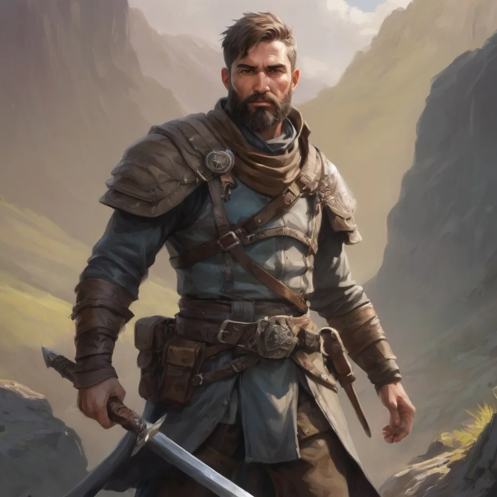 Prompt: Male heavy-set mature ranger-warrior with short-cut hair and beard, in a windy valley, pathfinder, d&d setting, enhanced shadow quality