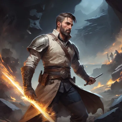 Prompt: Male stocky heavy-set mature illutionist with short-cut hair and beard, on a battlefield, in combat, casting a white-spell, pathfinder, d&d setting, in a realistic high quality digital art style, enhanced shadow quality, colorful