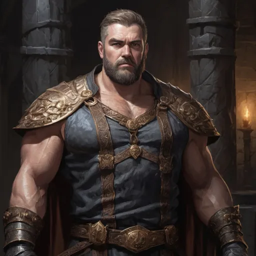 Prompt: (Full body) male stocky muscular fat royal king with short hair and beard, hairy chest, open shirt, in a dark throne room, pathfinder, d&d setting, in a realistic high quality digital art style