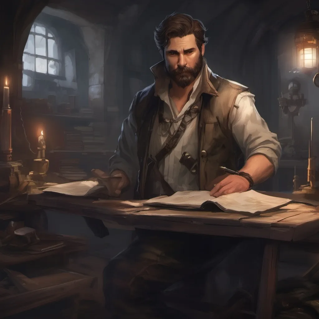 Prompt: (Full body) male stocky investigator with short hair and mustache,  in a dark room, pathfinder, d&d setting, in a realistic digital art style