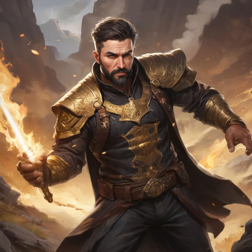 Prompt: Male stocky heavy-set mature illutionist with short-cut hair and beard, on a battlefield, in combat, casting a gold-spell, pathfinder, d&d setting, in a realistic high quality digital art style, enhanced shadow quality