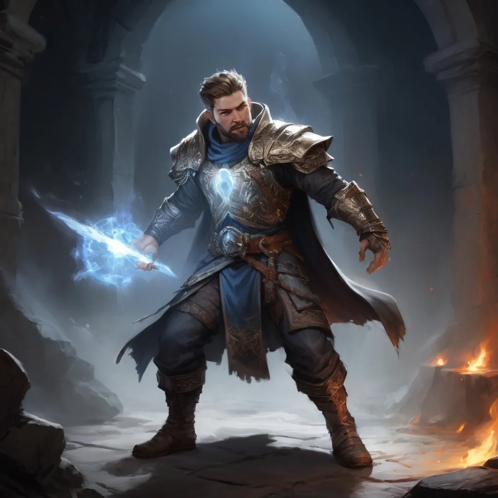 Prompt: Male stocky large battle-mage with short-cut hair and beard, engaged in combat casting a white-light spell inside of a dark dungeon, pathfinder, d&d setting, in a realistic high quality digital art style, enhanced shadow quality, colorful