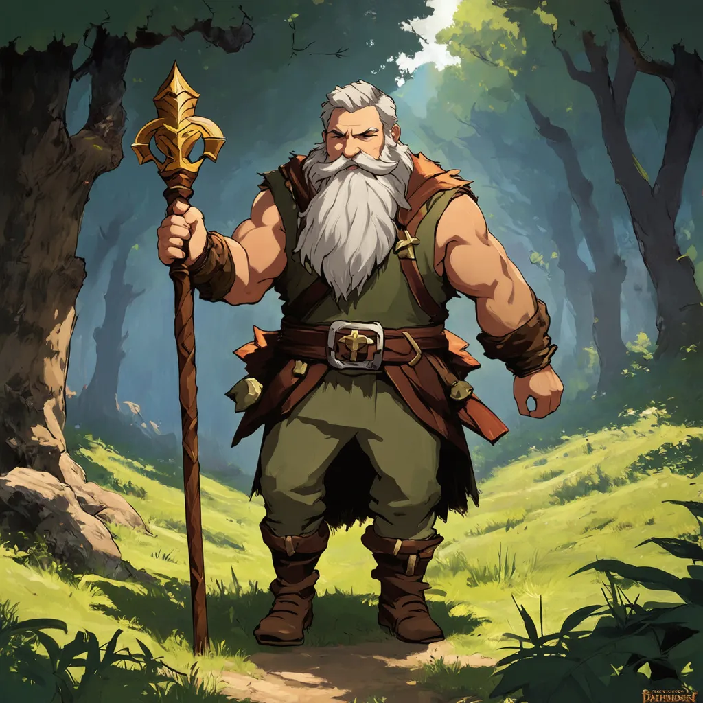 Prompt: (Full body) male beefy druid with short hair and beard, holding a staff, exploring a dark forest, pathfinder, d&d setting, in a drawn digital art style