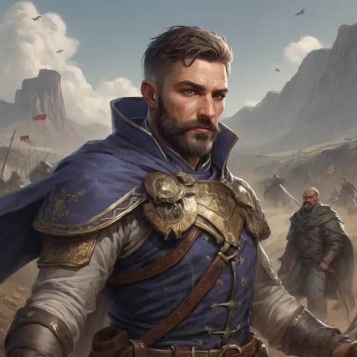 Prompt: Male stocky heavy-set italian royal magus with short-cut hair and beard, on a windy battlefield, pathfinder, d&d setting, in a realistic high quality digital art style, enhanced shadow quality