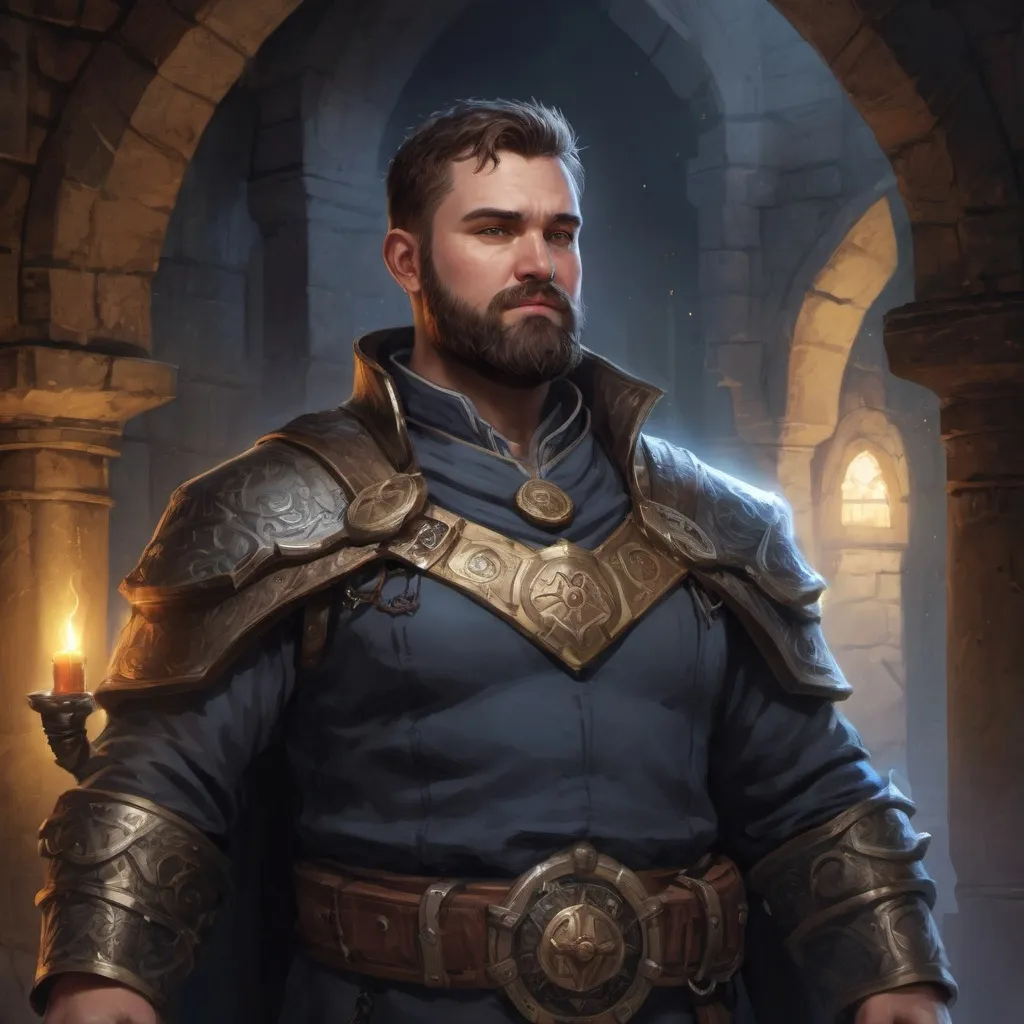 Prompt: Male stocky heavy-set holy-magic cleric with short-cut hair and beard, big belly, inside a temple dungeon at night, pathfinder, d&d setting, in a realistic high quality digital art style, enhanced shadow quality