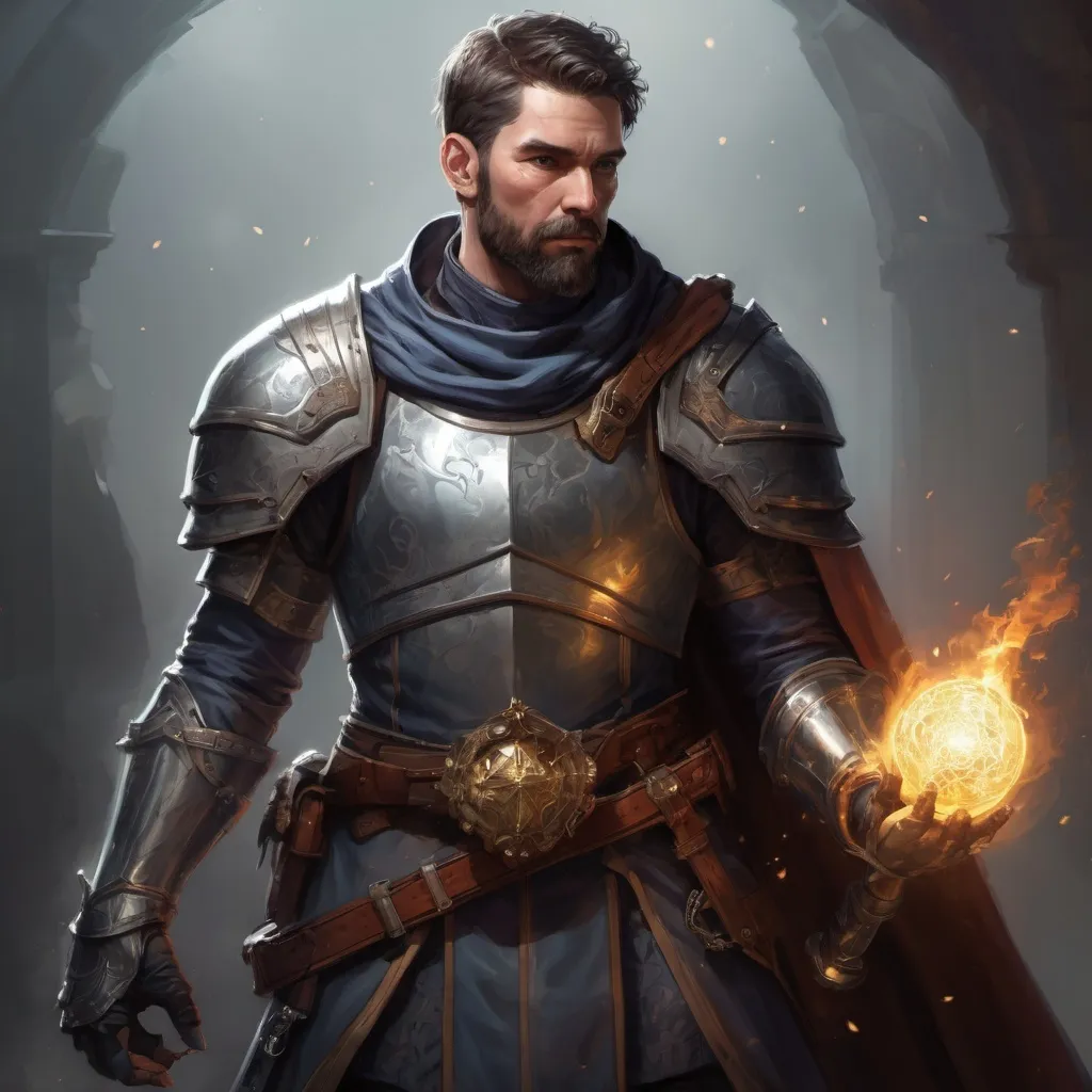 Prompt: Male stocky large mature knight with short-cut hair and beard, exploring a dark astral dimention, pathfinder, d&d setting, in a realistic high quality digital art style, enhanced shadow quality, colorful