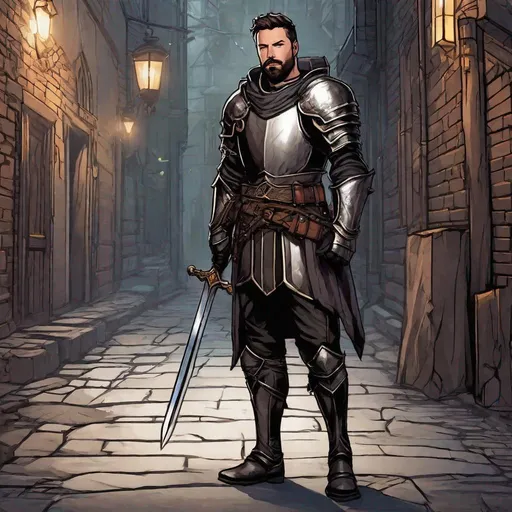 Prompt: (Full body) male knight looks like ben affleck , glowing eyes with short cut hair with short beard, manly face, chain shirt, leather pants, pathfinder, dungeons and dragons, in a dark back street, in a painted style, realistic