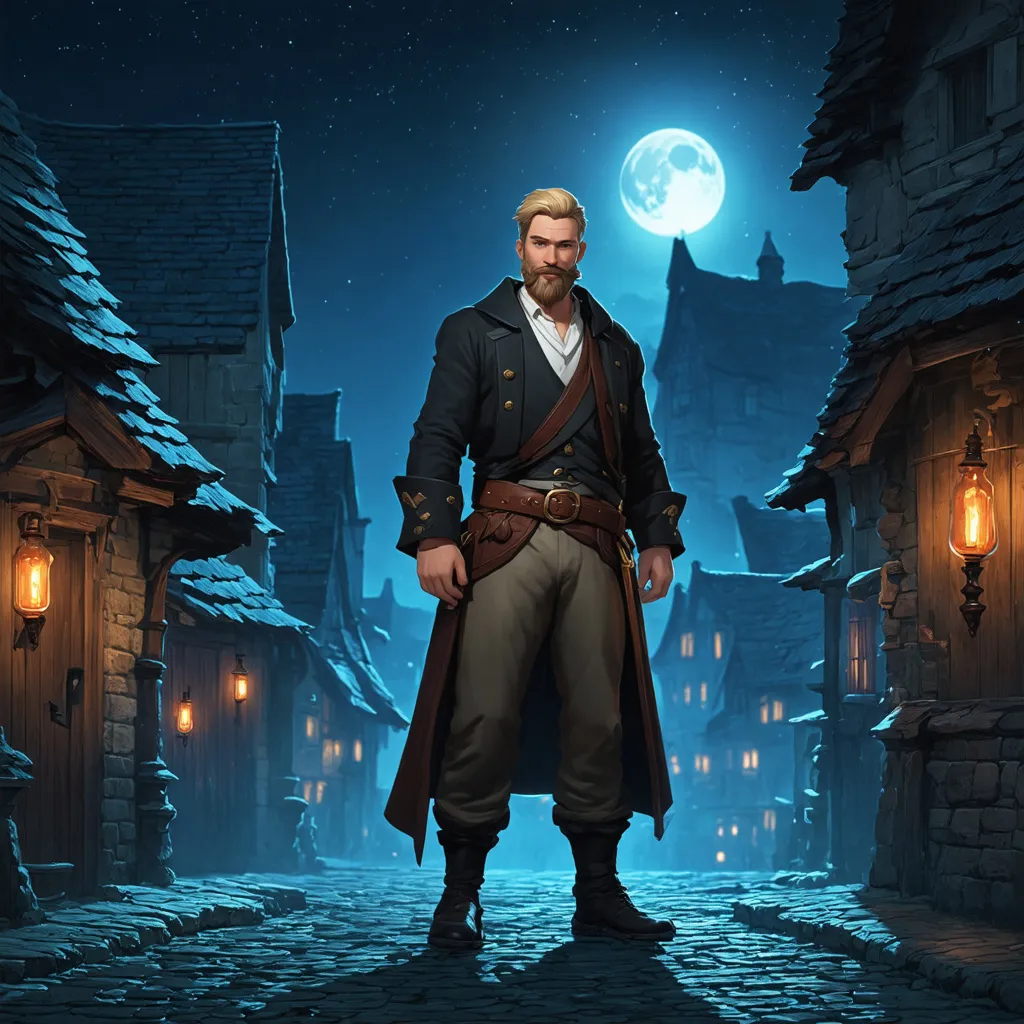 Prompt: (Full body) male alchemist with a short blonde hair and beard, belt and pants, standing outside of a small town at night, pathfinder, d&d setting, in a digital art style