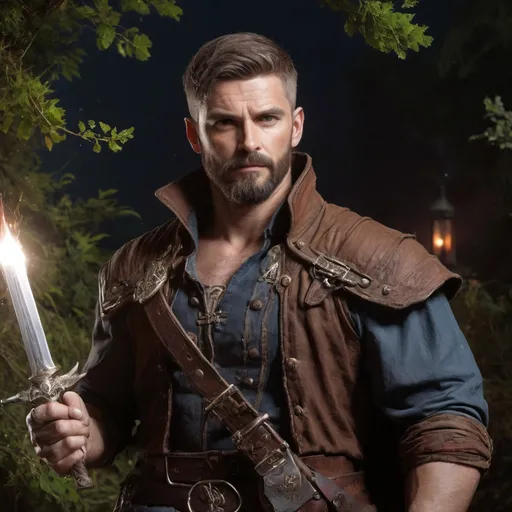 Prompt: male stocky muscular mature swashbuckler with short hair and beard, holding fantasy-weapon, in nature at night, pathfinder, d&d setting, Realistic, Enhanced shadow and light quality