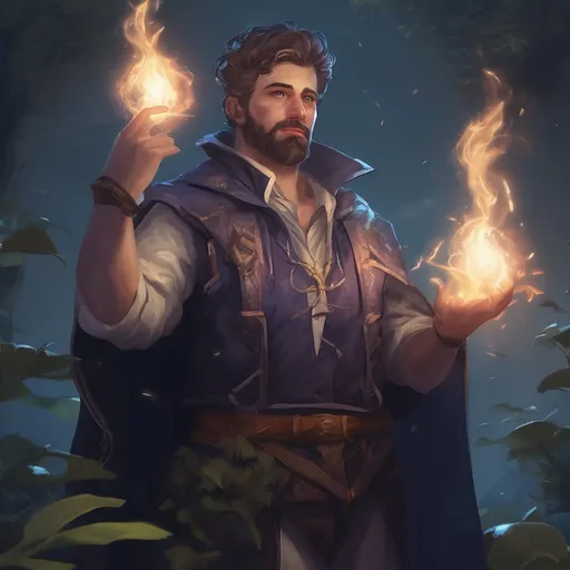 Prompt: (Full body) male manly stocky young nature-mage with short-cut hair and beard, casting a magical spell, in nature at night, pathfinder, d&d setting, in a realistic digital art style