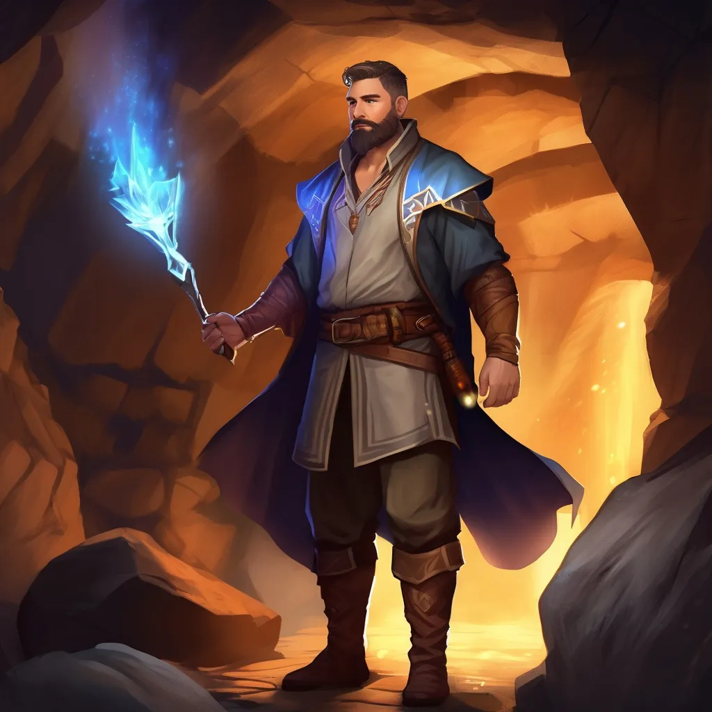 Prompt: (Full body) male stocky magical balance-mage with short hair and beard, open shirt, in a underground cave, pathfinder, d&d setting, in a realistic digital art style