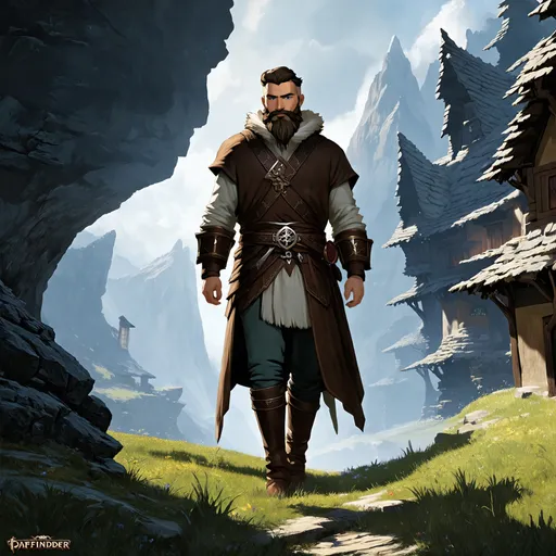 Prompt: (Full body) male druid with short hair and beard, exploring a dark fantasy villiage by a mountain, pathfinder, d&d setting, in a detailed digital art style