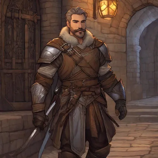 Prompt: (Full body) A hairy broad-chested large handsome male rogue with short-cut grey hair a mustache and stubble, pathfinger,  armor, dungeons and dragons, hairy chest, brown boots, fantasy setting, coming out a large towngate late at night, in a painted style realistic art