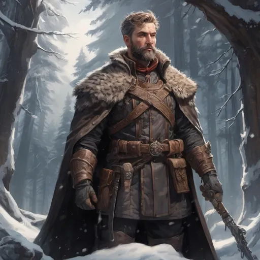 Prompt: Male stocky mature noble marksman, with short hair and beard, standing on an old temple in a winter forest, pathfinder, d&d setting, in a realistic high quality digital art style, enhanced shadow quality, colorful