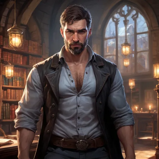 Prompt: (torso) Male stocky mature noble muscular investigator, with short hair and beard, open shirt, hairy chest, in a dark library in a castle, pathfinder, d&d setting, in a realistic high quality digital art style, enhanced shadow quality, colorful