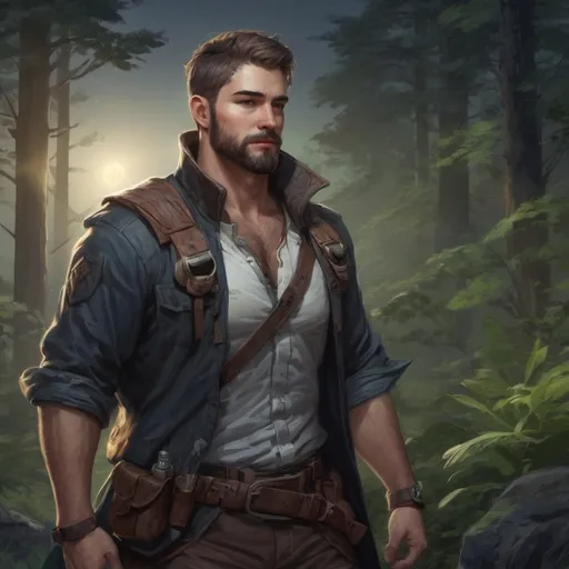 Prompt: (Full body) A male stocky hunky ranger with short-cut hair and beard, in a nature at night, pathfinder, d&d setting, in a realistic high quality digital art style, shaded style