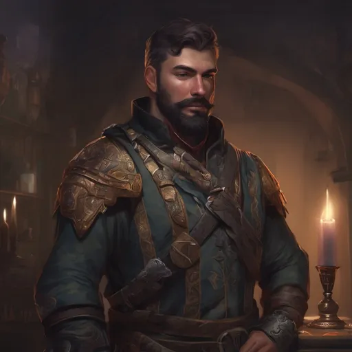 Prompt: (Full body) male stocky young noble bandit with short-cut hair and beard, in a dark room, pathfinder, d&d setting, in a realistic digital art style