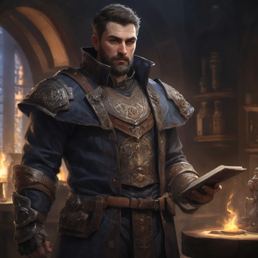 Prompt: Male stocky large fit royal summoner with short-cut hair and beard, exploring a dark laboratory, pathfinder, d&d setting, realistic, enhanced shadow quality