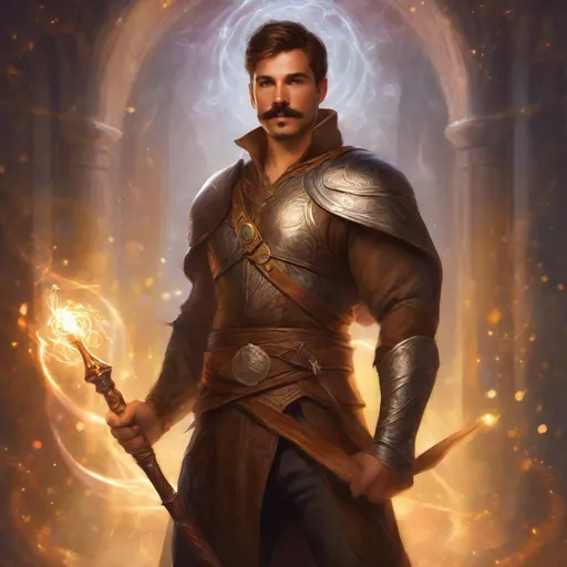 Prompt: (Full body) a male fighter with mustache and stubble short hair, handsome manly face, belt, boots, shoulder guards, bare hairy chest, holding magical staff swirly lights, standing in a otherwordly dimention, fantasy setting, dungeons & dragons, in a painted style realistic art