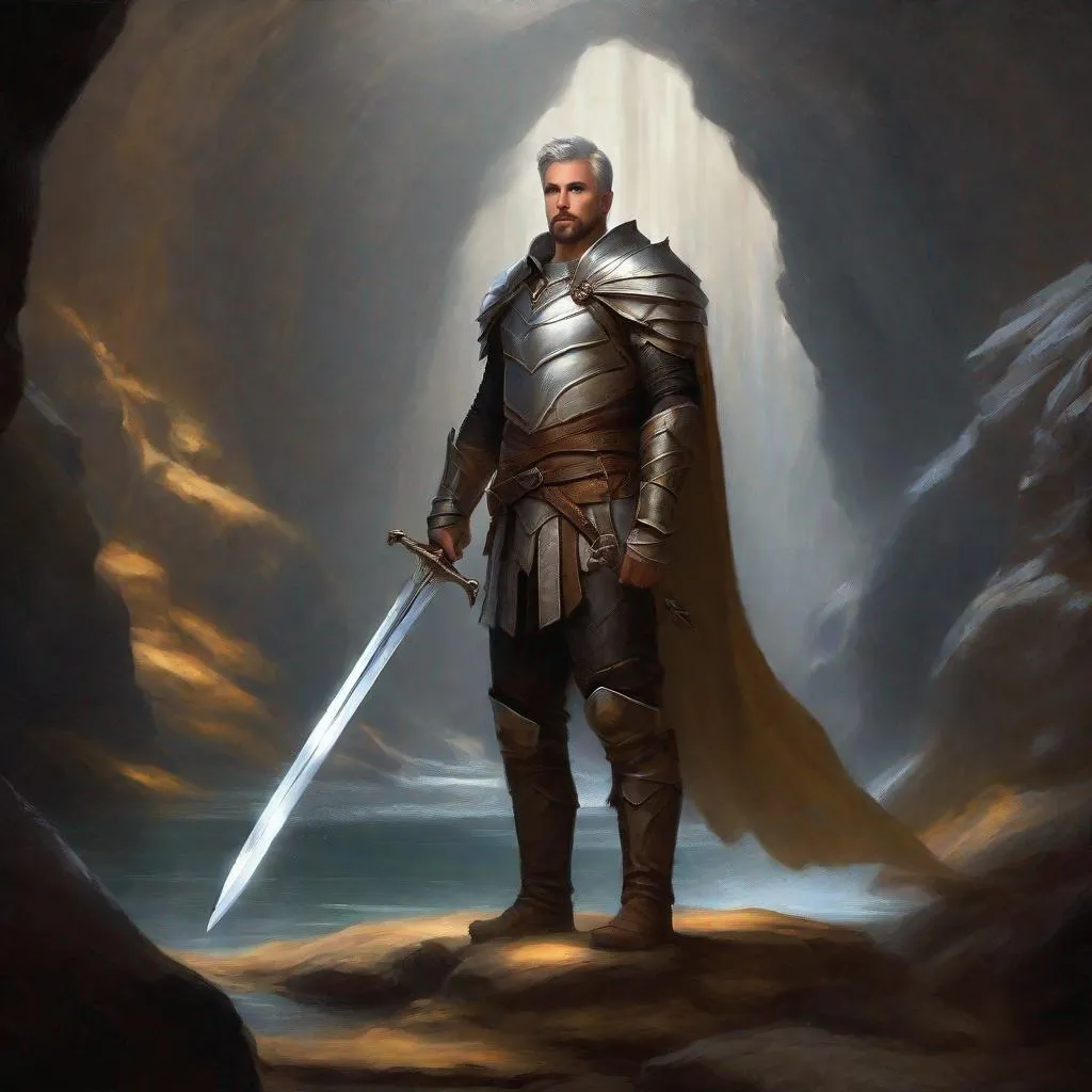Prompt: (Full body) a paladin with short beard  grey short-cut hair no shirt on, belt, boots, leather pants, holding a sword, standing in a dark cavern, fantasy setting, dungeons & dragons, in a painted style realistic art