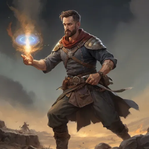Prompt: Male stocky burly 34-year old arcane-magus with short-cut brown hair and beard, on a battlefield, in combat, holding a magic-spell in hand, pathfinder, d&d setting, realistic high quality, enhanced shadow quality ((norman rockwell))