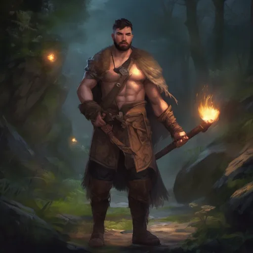 Prompt: (Full body) male stocky ranger with short-cut hair and beard, no shirt on, hairy chest, casting a swirly nature-spell, in nature at night pathfinder, d&d setting, in a realistic digital art style