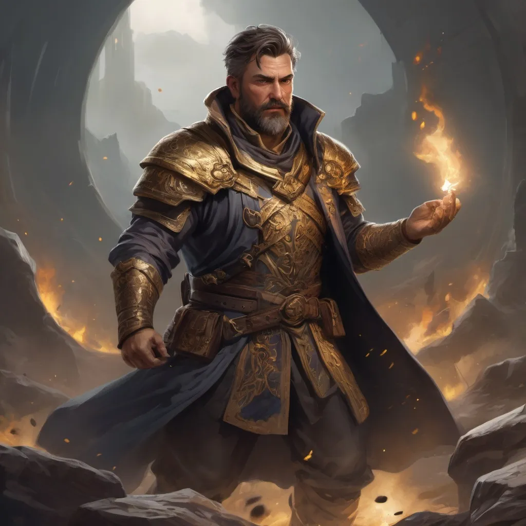 Prompt: Male stocky heavy-set mature illutionist with short-cut hair and beard, on a battlefield, in combat, casting a gold-spell, pathfinder, d&d setting, in a realistic high quality digital art style, enhanced shadow quality
