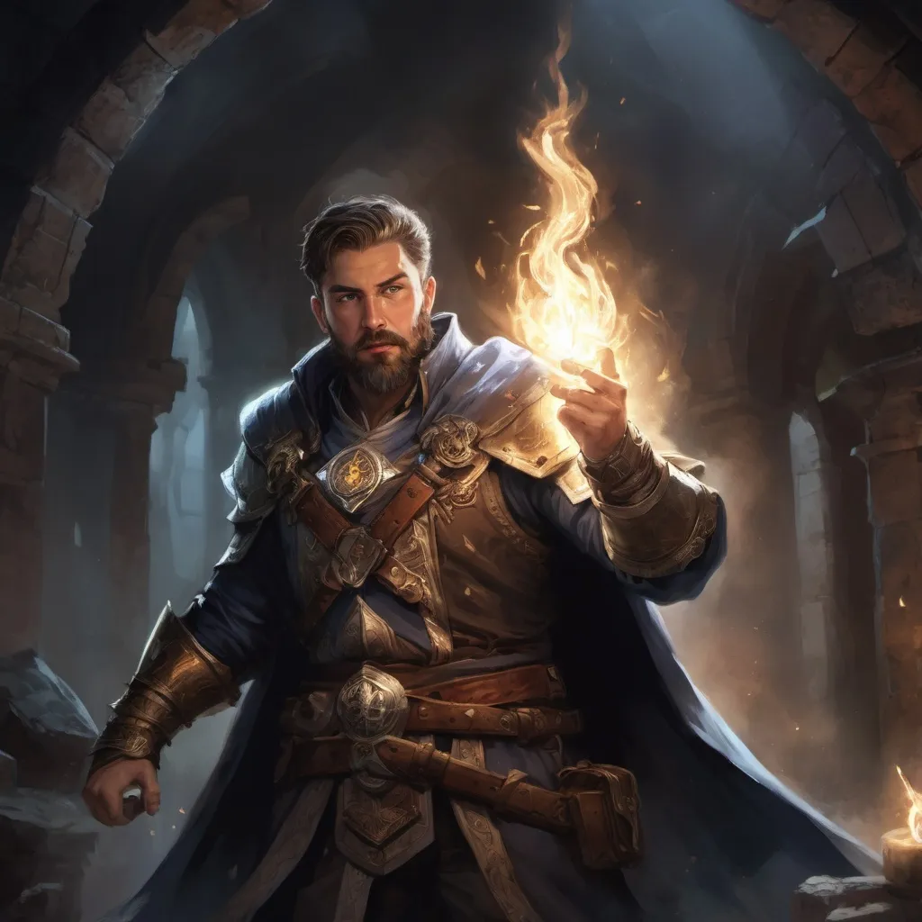 Prompt: Male stocky large cleric with short-cut hair and beard, engaged in combat casting a holy light spell inside of a dark dungeon, pathfinder, d&d setting, in a realistic high quality digital art style, enhanced shadow quality, colorful