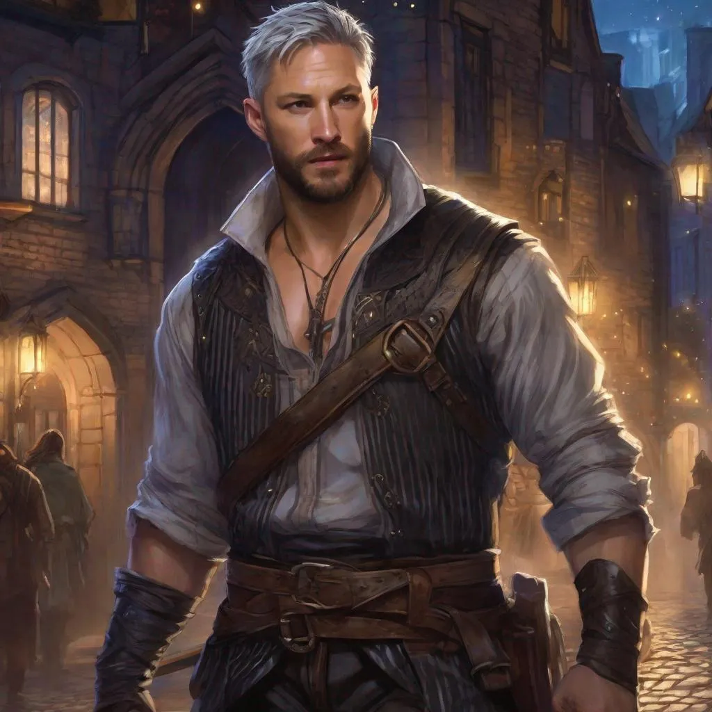 Prompt: (Full body) A male short-haired knight looks like older tom hardy with open shirt hairy chest and short beard grey-striped hair, glowing magic, fantasy weapon, leather shirt with details, manly, pathfinder, dungeons and dragons fantasy setting, night time in a town street, in a painted style, realistic