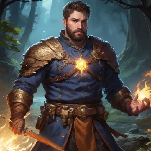 Prompt: Male stocky large fat paladin with short-cut hair and beard, open shirt hairy chest, in combat casting a magic-ray out of hands in nature at night, pathfinder, d&d setting, in a realistic high quality digital art style, enhanced shadow quality, colorful