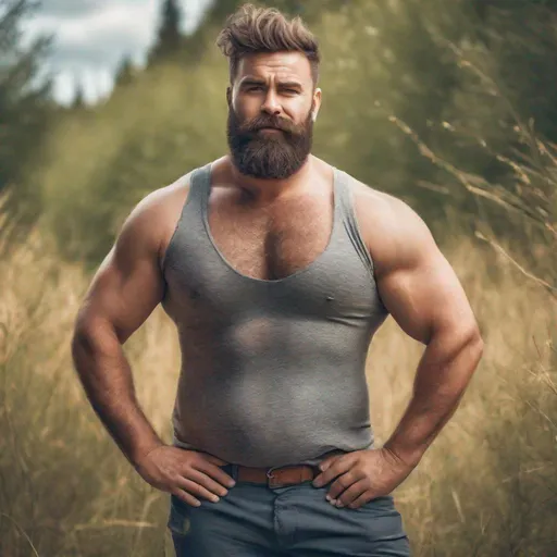Prompt: Beautiful and colourful picture of a handsome muscular short haired bearded man with a wide hairy chest and a big hairy belly, big arms, tight revealing pants, posing in nature, in a painted style