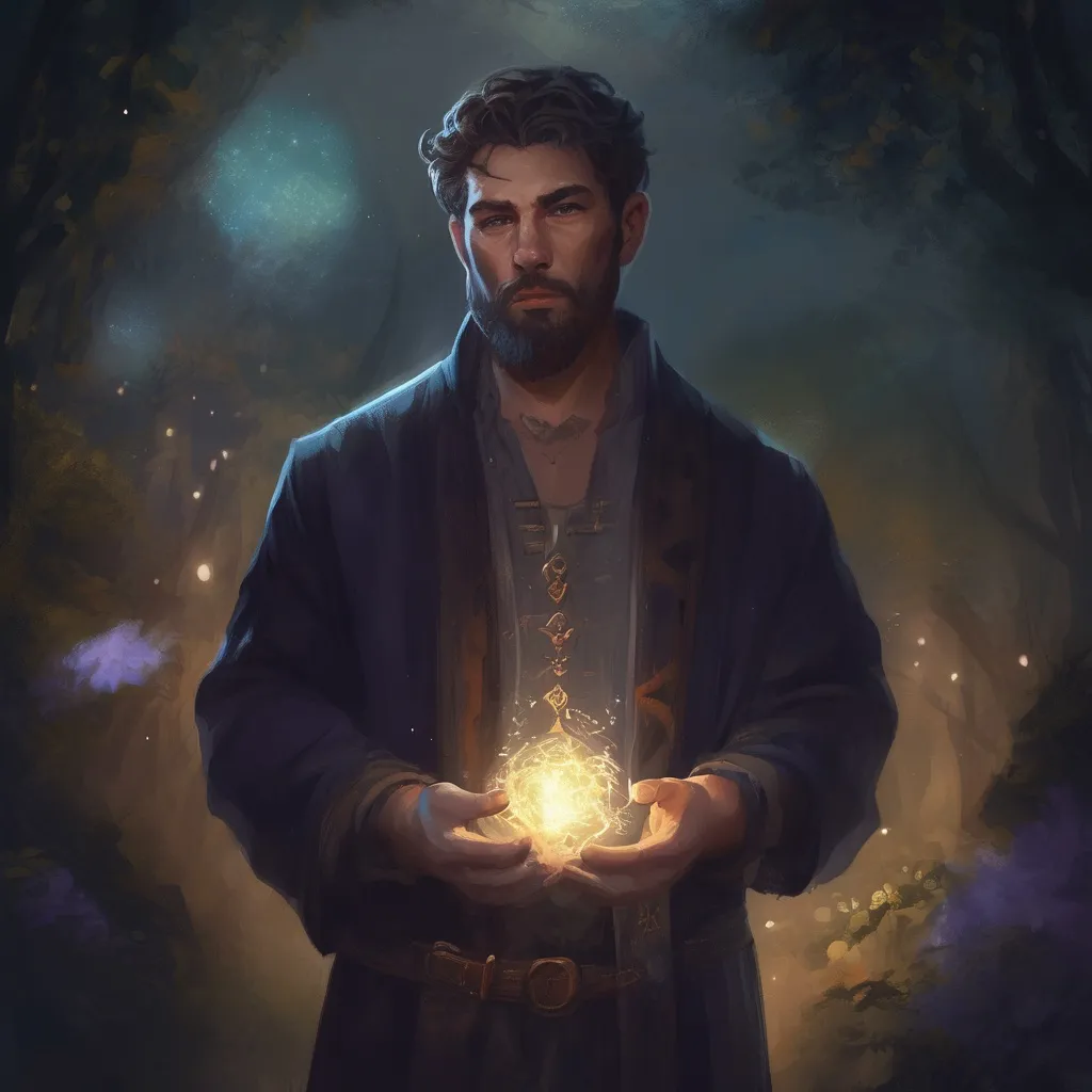 Prompt: (Full body) male manly stocky nature-mage with dark short-cut hair and beard, casting a magical nature-spell, in nature at night, pathfinder, d&d setting, in a realistic digital art style